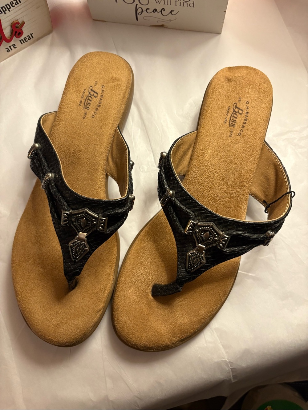 Bass Black Embellished Thong Sandals with Tan Footbed